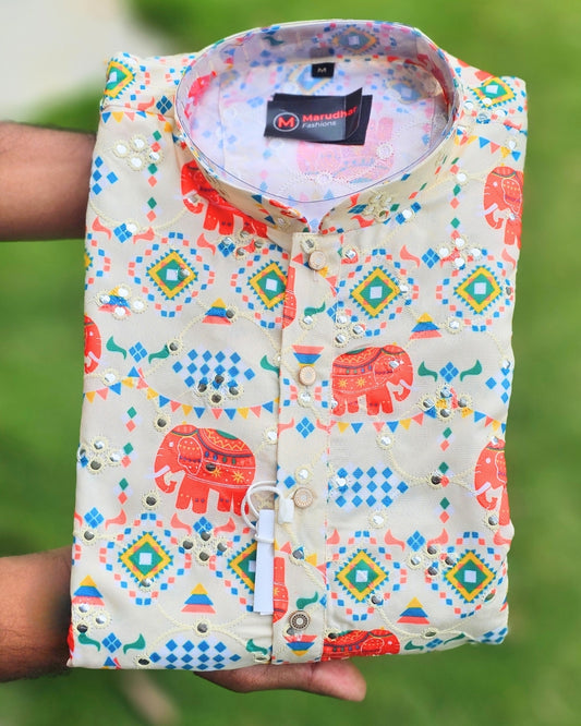 Festive Mirror Work Elephant Printed Kurta
