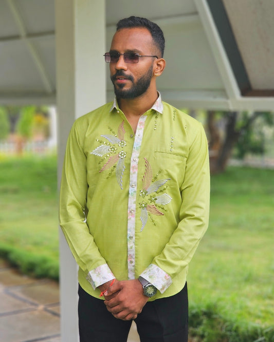 Jethalal Style Embroidered Green Shirt