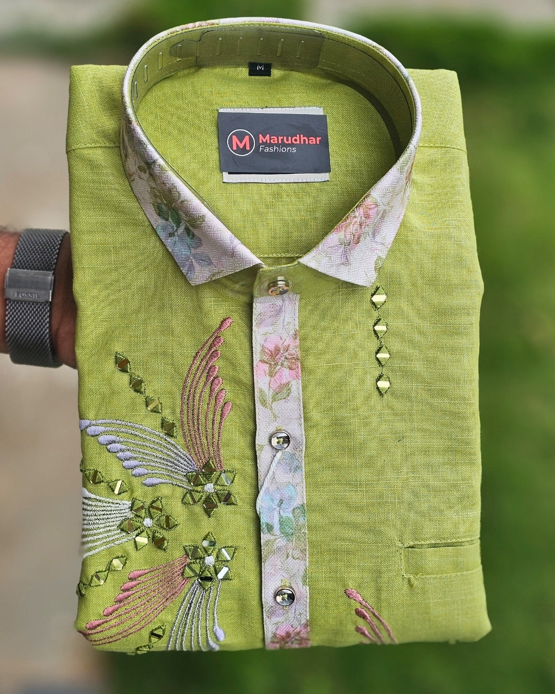 Jethalal Style Embroidered Green Shirt