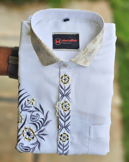 Jethalal Style Embroidered White Shirt