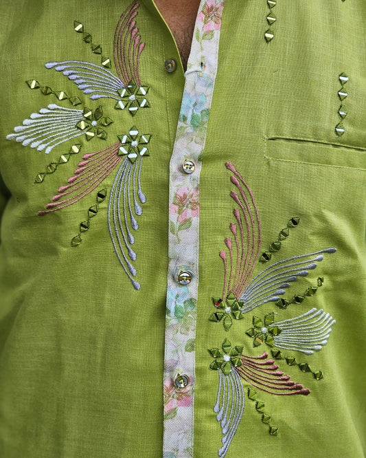 Jethalal Style Embroidered Green Shirt