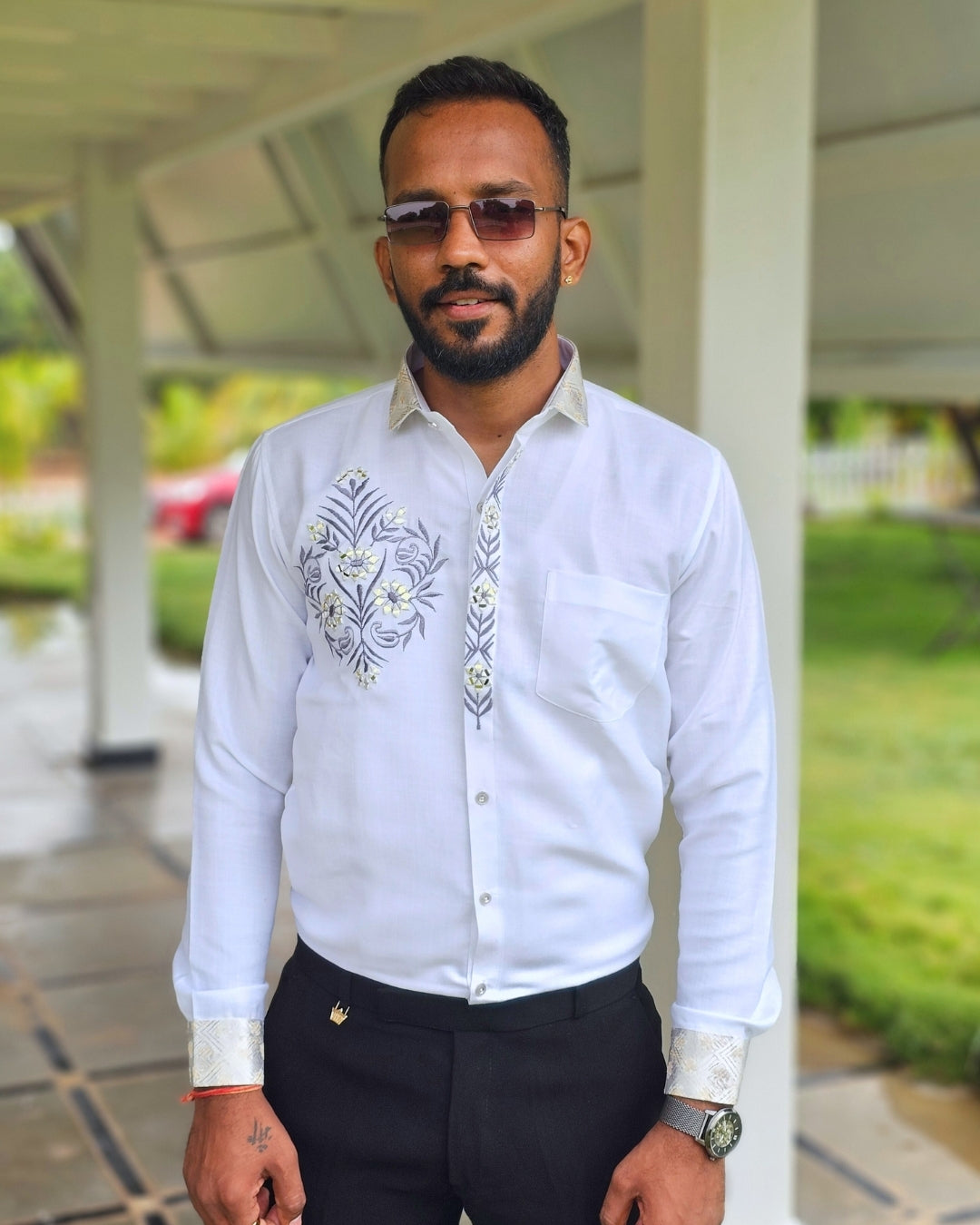 Jethalal Style Embroidered White Shirt
