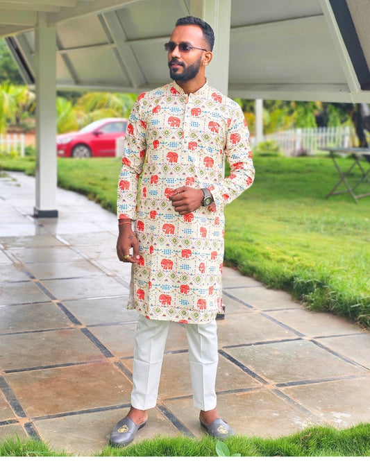 Festive Mirror Work Elephant Printed Kurta