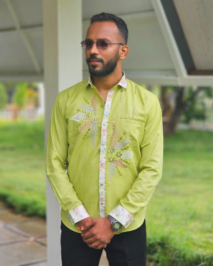 Jethalal Style Embroidered Green Shirt