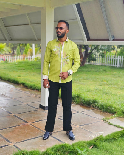 Jethalal Style Embroidered Green Shirt