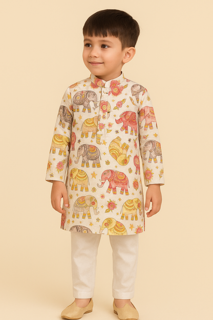 Kids - Royal Elephant Print Kurta