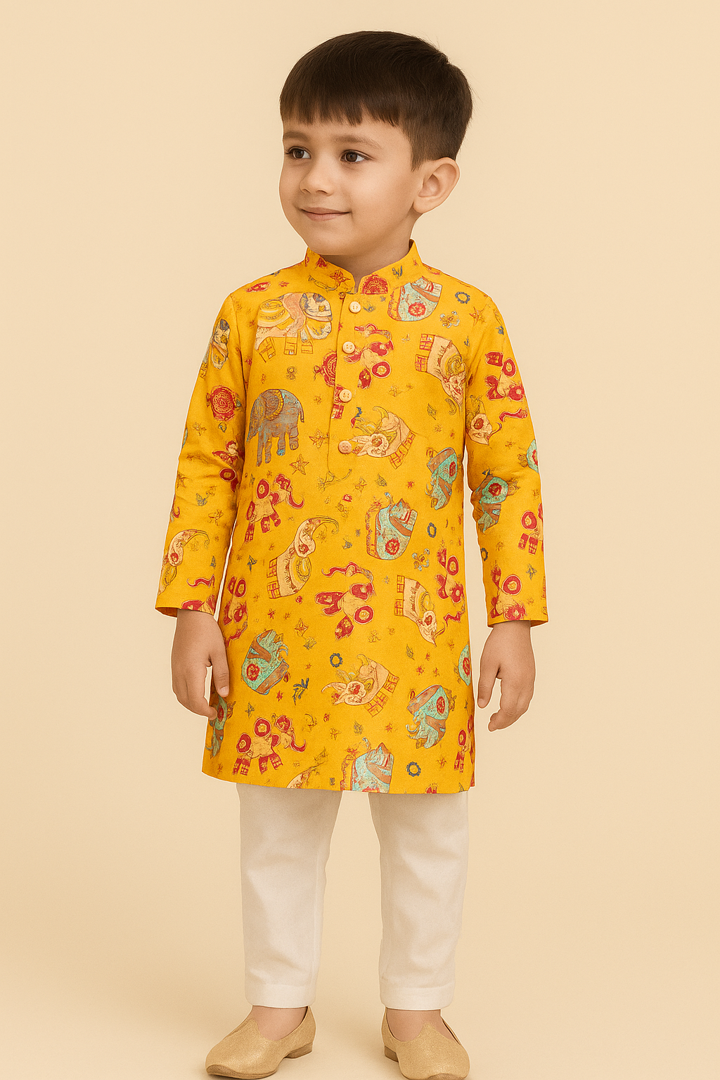 Kids - Royal Elephant Print Kurta