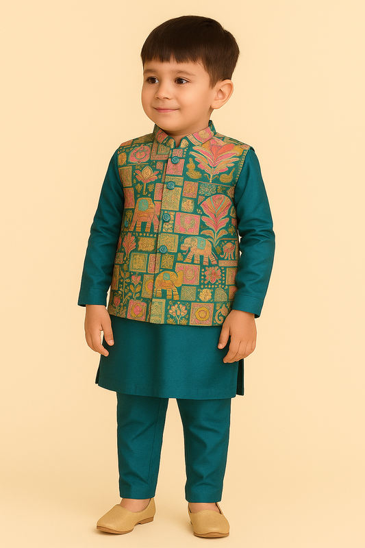 Kids - Vibrant Nehru Jacket Set - Traditional Ethnic Wear